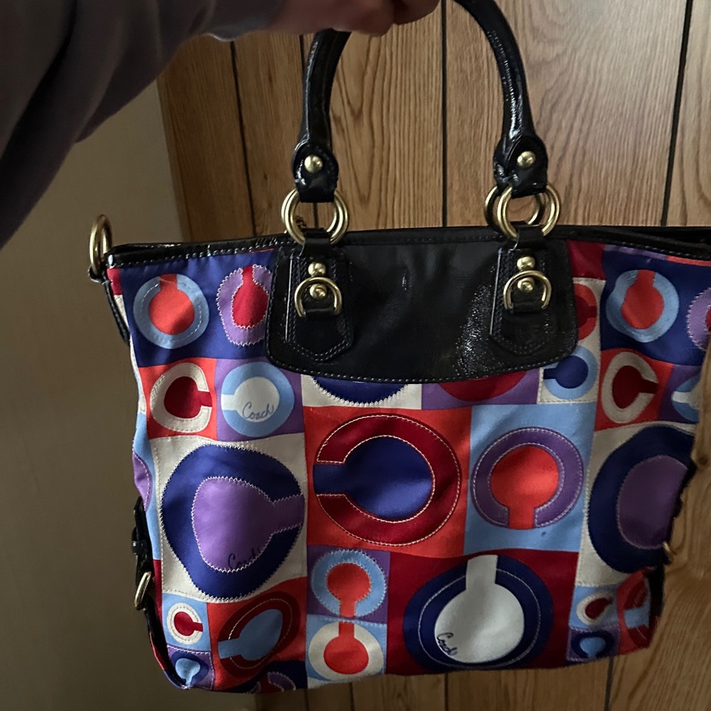 Coach Multicolor Red Blue Purple Circle-Print Tote with Black Leather Trim - Picture 2 of 4